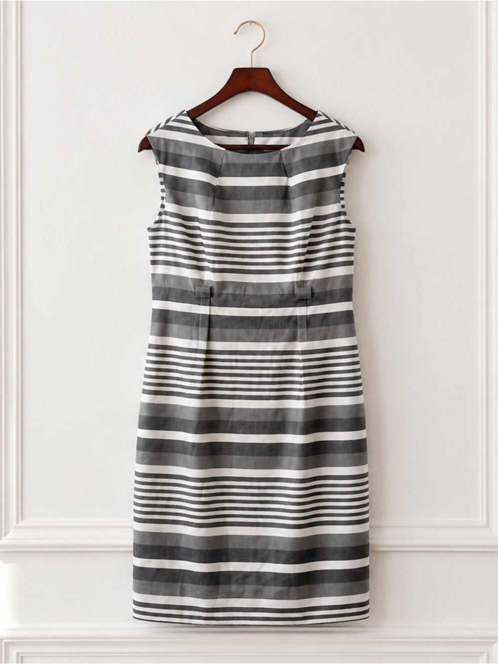 Calvin Klein Gray and White Striped Sleeveless Midi Dress